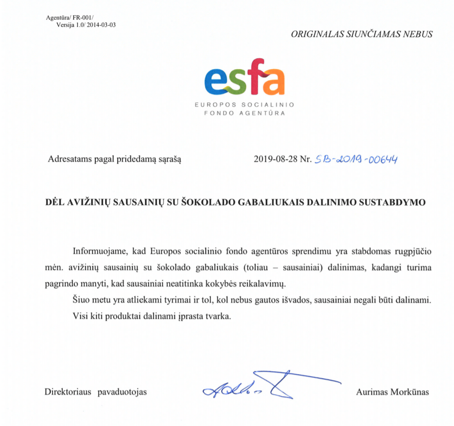 ESFA dėl sausainių